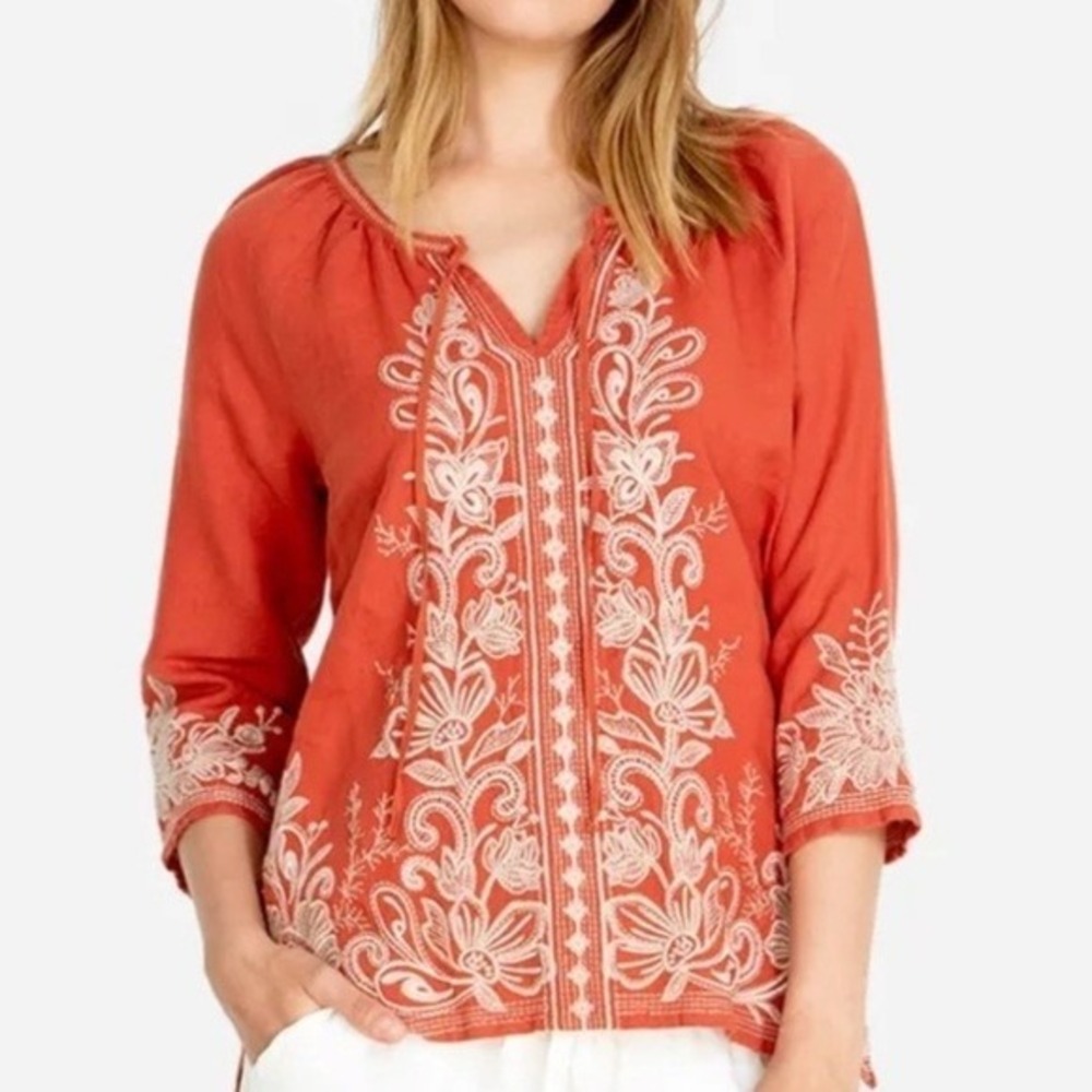 Johnny Was Linen Jewel‎ Embroidered Peasant Orange Blouse Top Size Medium